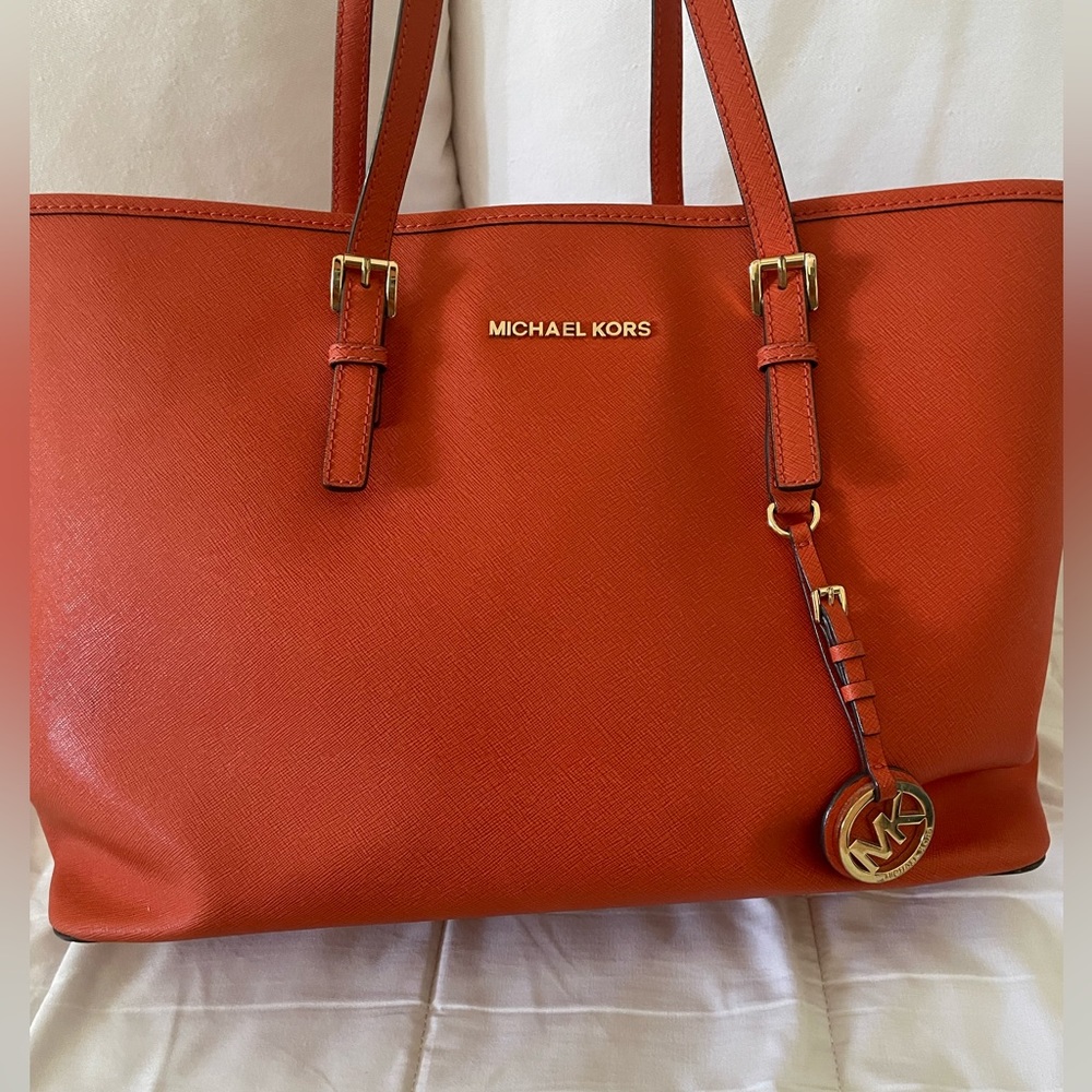 Michael Kors Jet Set Blood Orange Saffiano Leather Voyager Summer Tote